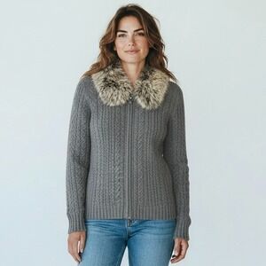 Marina Luna Gray 100% Cashmere Cable Knit Sweater Zip Removable Fox Fur Collar L